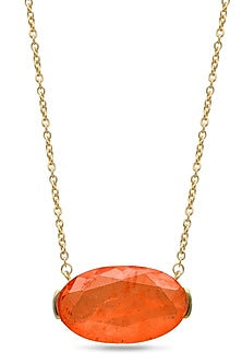 Gold Finish Coral Orange Natural Stone Oval-Shaped Pendant Necklace In Sterling Silver