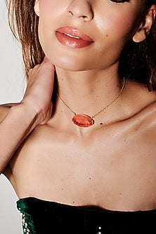 Gold Finish Coral Orange Natural Stone Oval-Shaped Pendant Necklace In Sterling Silver