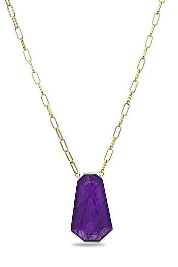 Gold Finish Purple Natural Stone Pendant Necklace In Sterling Silver