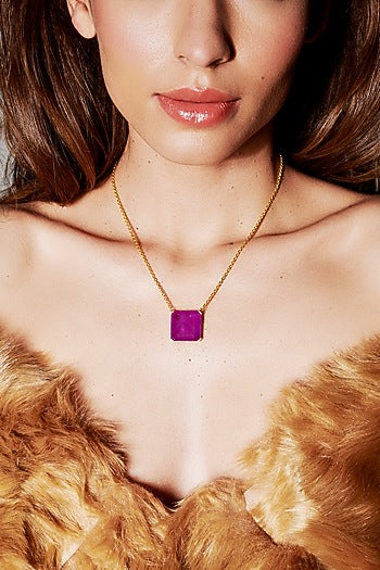 Gold Finish Dark Magenta Natural Stone Pendant Necklace In Sterling Silver