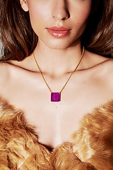 Gold Finish Dark Magenta Natural Stone Pendant Necklace In Sterling Silver