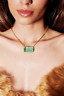 Gold Finish Cyan Green Natural Stone Oasis Pendant Necklace In Sterling Silver