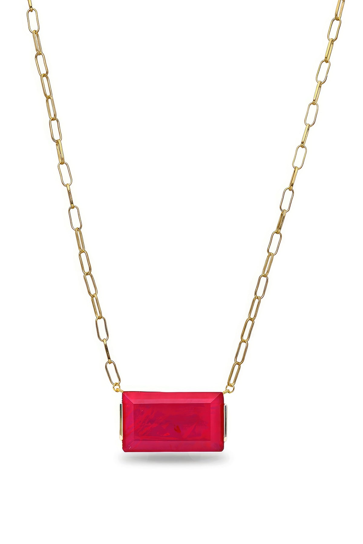 Gold Finish Deep Pink Natural Stone Oasis Pendant Necklace In Sterling Silver