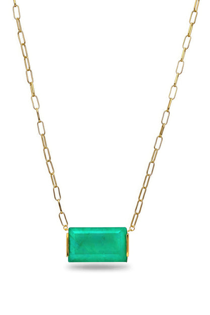 Gold Finish Emerald Green Natural Stone Oasis Pendant Necklace In Sterling Silver