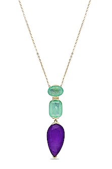 Gold Finish Aquamarine Green & Purple Natural Stone Pendant Necklace In Sterling Silver