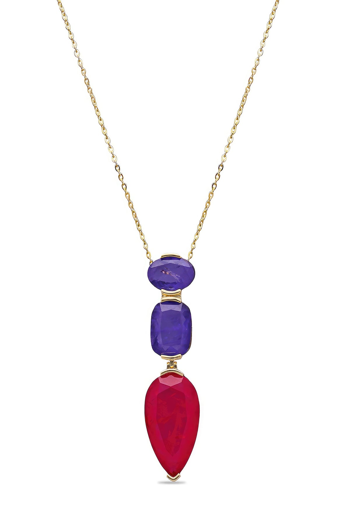 Gold Finish Violet Blue & Deep Pink Natural Stone Pendant Necklace In Sterling Silver