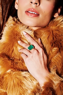 Gold Finish Sea Green Natural Stone Adjustable Ring In Sterling Silver