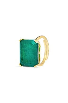 Gold Finish Sea Green Natural Stone Adjustable Ring In Sterling Silver