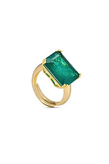 Gold Finish Sea Green Natural Stone Adjustable Ring In Sterling Silver