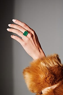 Gold Finish Sea Green Natural Stone Adjustable Ring In Sterling Silver