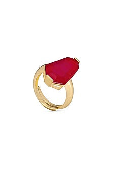 Gold Finish Deep Pink Natural Stone Adjustable Oasis Ring In Sterling Silver