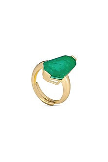 Gold Finish Emerald Green Natural Stone Adjustable Oasis Ring In Sterling Silver