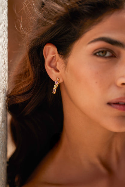 Gold Plated Multi-Colored Semi Precious Stone Hoop Earrings In Sterling Silver