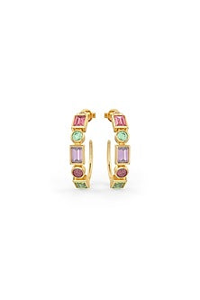 Gold Plated Multi-Colored Semi Precious Stone Hoop Earrings In Sterling Silver