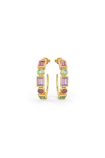 Gold Plated Multi-Colored Semi Precious Stone Hoop Earrings In Sterling Silver