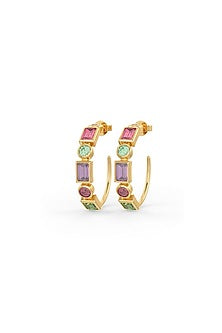 Gold Plated Multi-Colored Semi Precious Stone Hoop Earrings In Sterling Silver