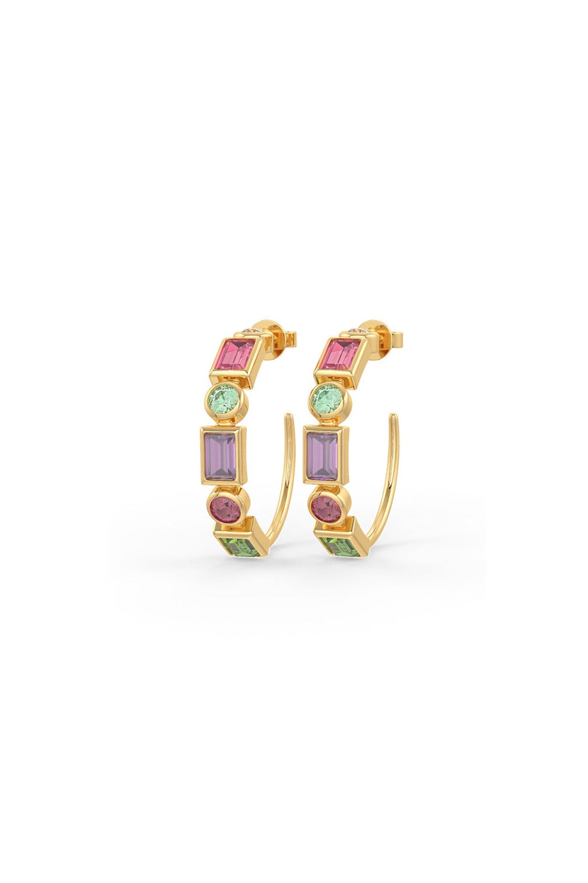 Gold Plated Multi-Colored Semi Precious Stone Hoop Earrings In Sterling Silver