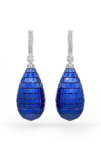 White Rhodium Finish Blue Stone Spinel Dangler Earrings In Sterling Silver
