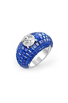 White Rhodium Finish Sapphire Synthetic Spinel & White Stone Ring In Sterling Silver