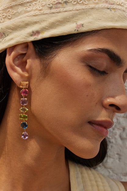 Gold Finish Morganite Hydro & Tourmaline Stone Dangler Earrings In Sterling Silver