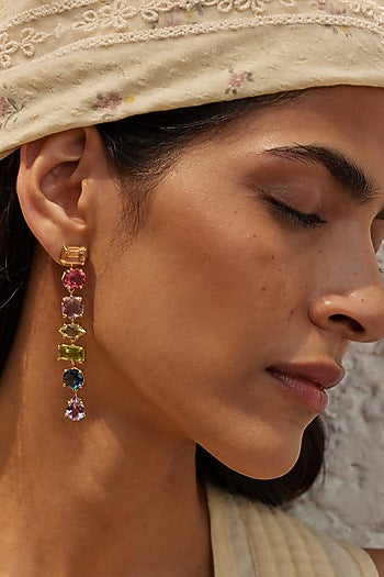 Gold Finish Morganite Hydro & Tourmaline Stone Dangler Earrings In Sterling Silver