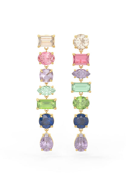 Gold Finish Morganite Hydro & Tourmaline Stone Dangler Earrings In Sterling Silver