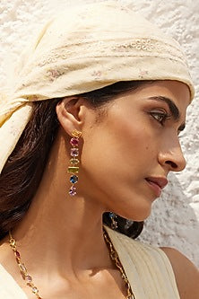 Gold Finish Morganite Hydro & Tourmaline Stone Dangler Earrings In Sterling Silver