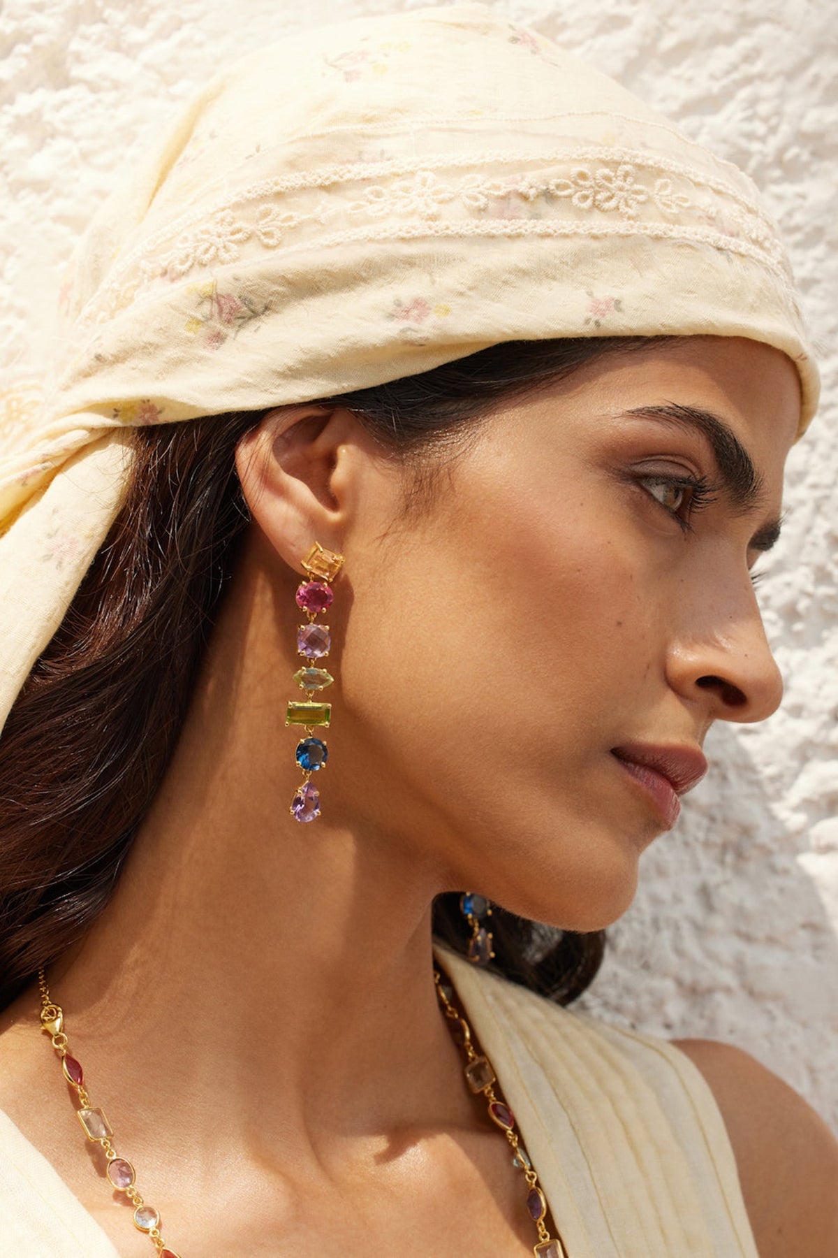 Gold Finish Morganite Hydro & Tourmaline Stone Dangler Earrings In Sterling Silver