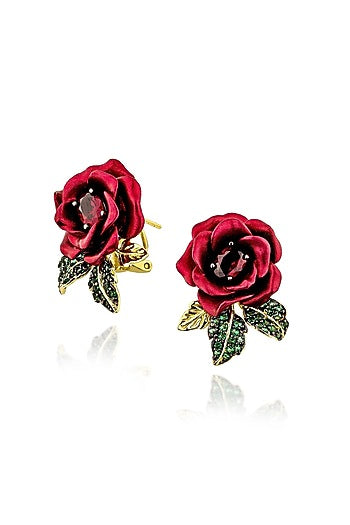 Gold Finish Cubic Zirconia & Red Stone Stud Earrings In Sterling Silver