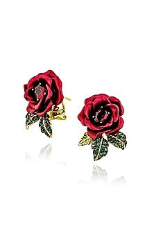 Gold Finish Cubic Zirconia & Red Stone Stud Earrings In Sterling Silver
