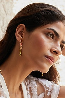 Gold Finish Rhodolite Hydro & Amethyst Stone Dangler Earrings In Sterling Silver
