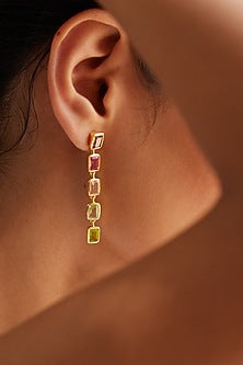 Gold Finish Rhodolite Hydro & Amethyst Stone Dangler Earrings In Sterling Silver