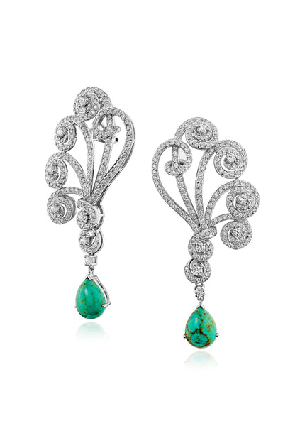 White Rhodium Finish Green Stone Dangler Earrings In Sterling Silver