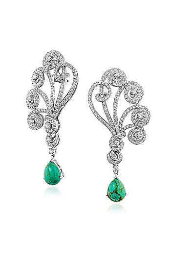 White Rhodium Finish Green Stone Dangler Earrings In Sterling Silver