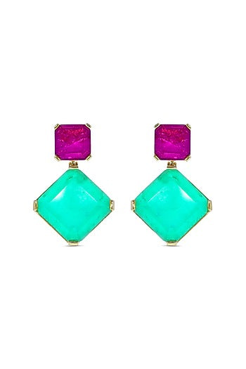 Gold Finish Pink & Emerald Stone Dangler Earrings In Sterling Silver