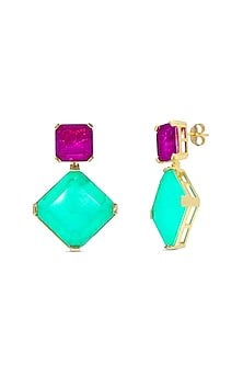 Gold Finish Pink & Emerald Stone Dangler Earrings In Sterling Silver