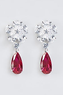 White Finish Ruby Floral Earrings In Sterling Silver