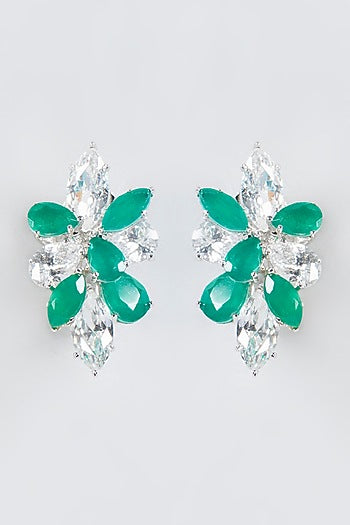 White Finish Emerald Synthetic Earrings In Sterling Silver