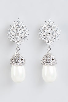 White Finish Pearl Dangler Earrings In Sterling Silver