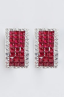 White Finish Ruby Synthetic Stud Earrings In Sterling Silver