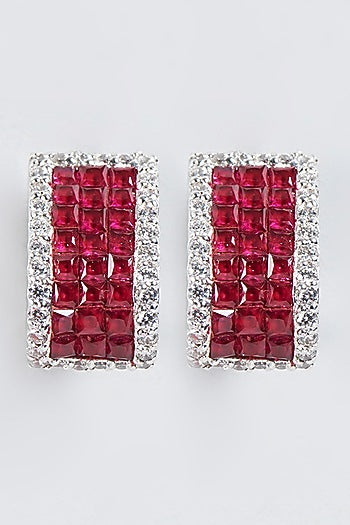 White Finish Ruby Synthetic Stud Earrings In Sterling Silver