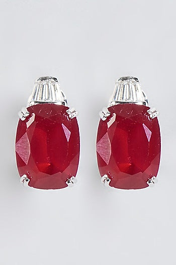 White Finish Ruby Stud Earrings In Sterling Silver