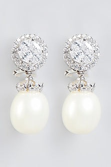 White Finish Solitaire & Pearl Earrings In Sterling Silver