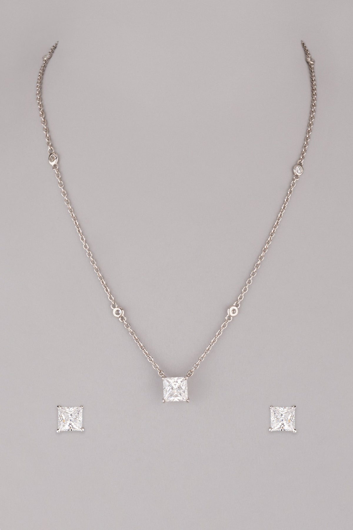 White Finish Diamond Pendant Necklace Set In Sterling Silver