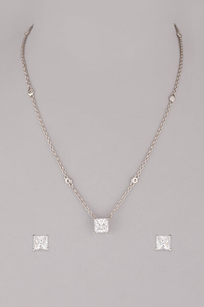 White Finish Diamond Pendant Necklace Set In Sterling Silver