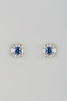 White Finish Halo Diamond & Blue Sapphire Stone Stud Earrings In Sterling Silver
