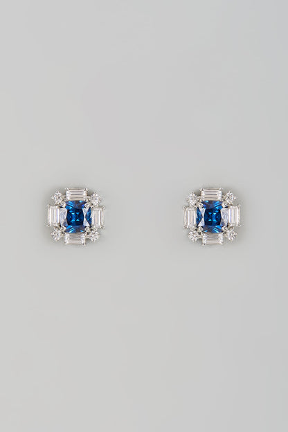 White Finish Halo Diamond & Blue Sapphire Stone Stud Earrings In Sterling Silver