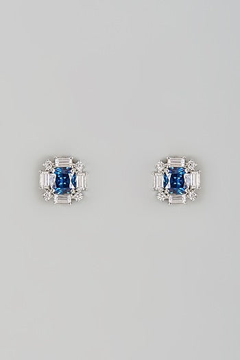 White Finish Halo Diamond & Blue Sapphire Stone Stud Earrings In Sterling Silver