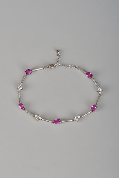 White Finish Pink Semi-Precious Stone Bracelet In Sterling Silver