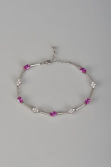 White Finish Pink Semi-Precious Stone Bracelet In Sterling Silver